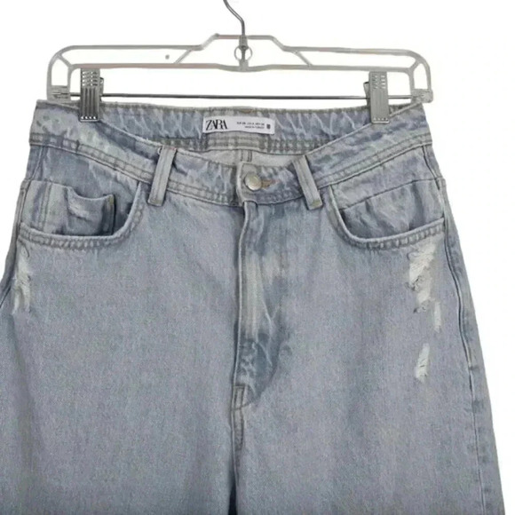 Zara Destroyed High Rise Full Length Jeans With Vents Slits Light Wash Raw Hem 6 - Picture 8 of 16